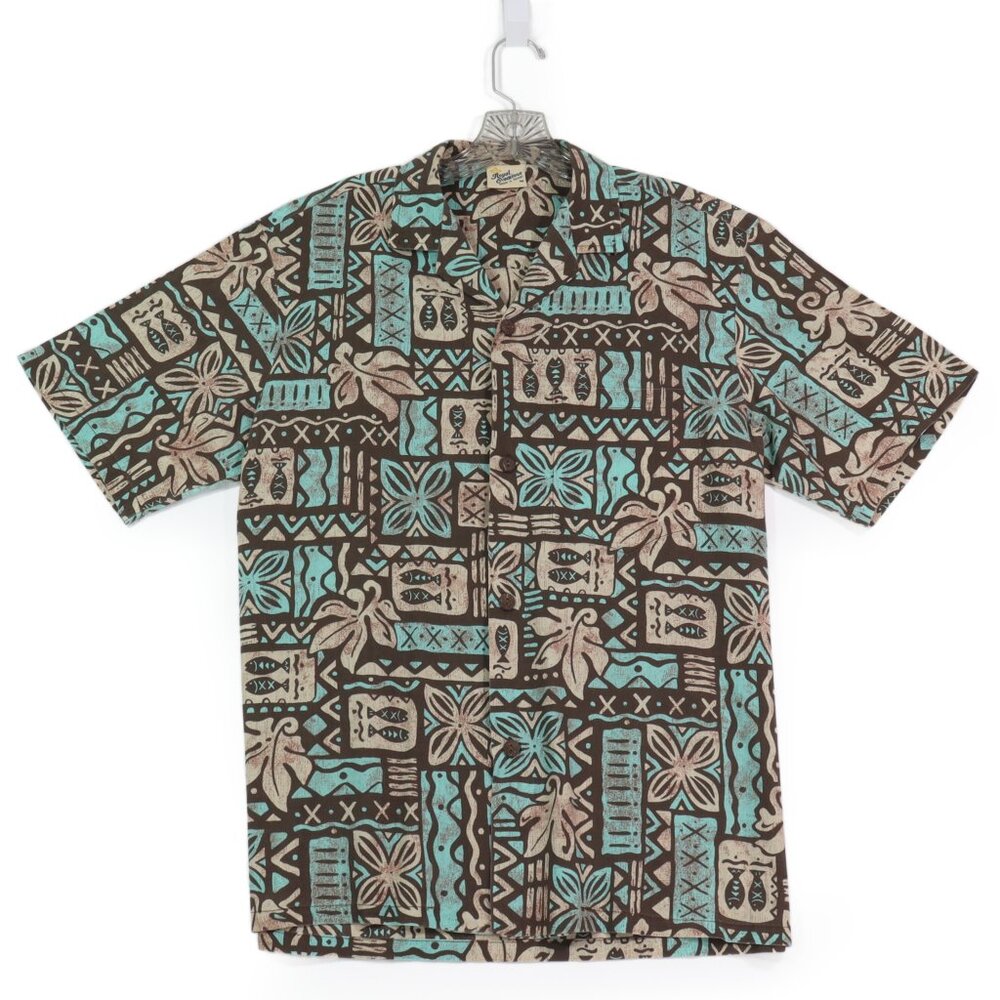 Royal Creations Men's Hawaiian Aloha Shirt Brown Tan & Turquoise Tribal Print